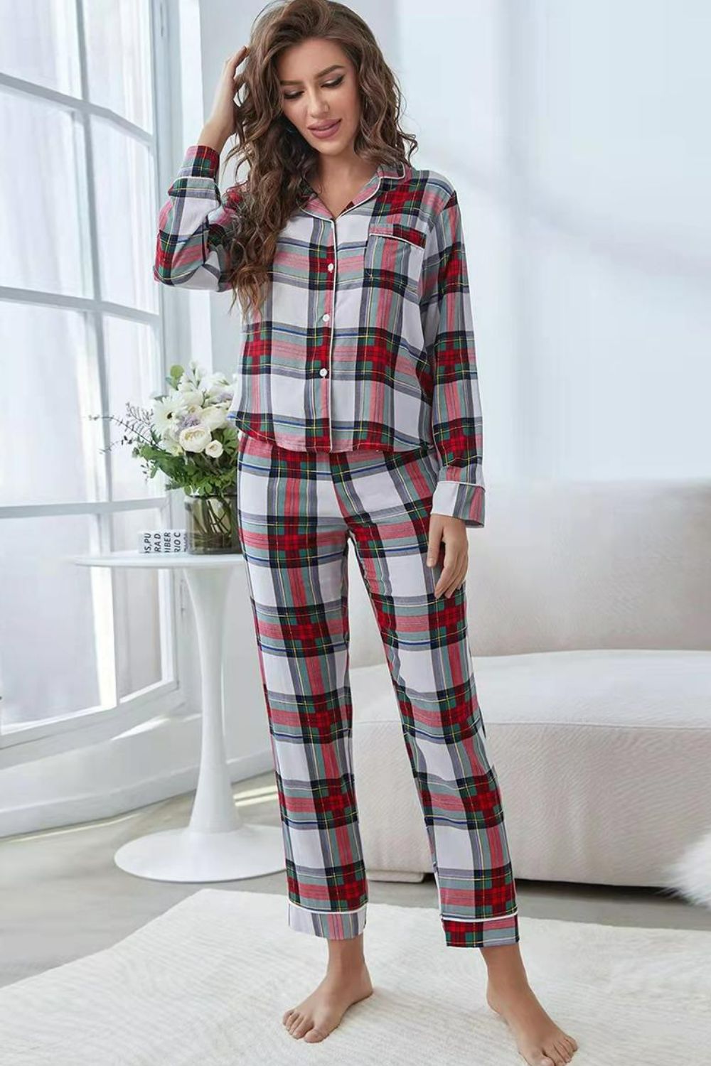 Plaid Button Front Top and Pants Lounge Set