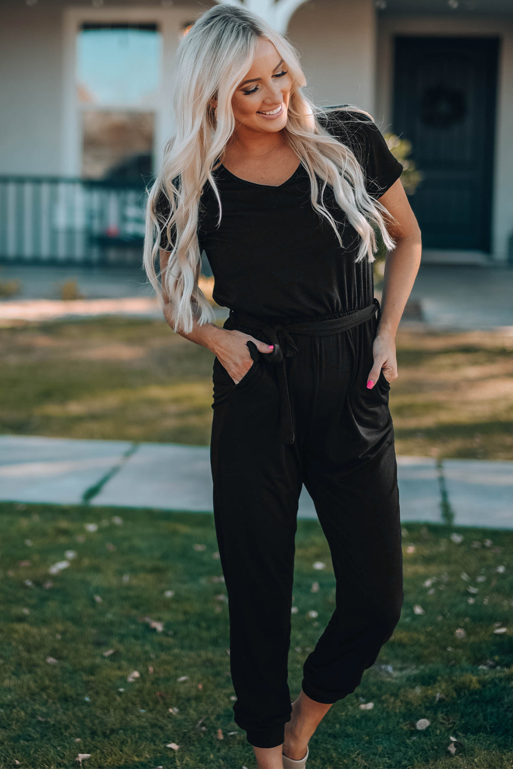 Belted V-Neck Jogger Jumpsuit