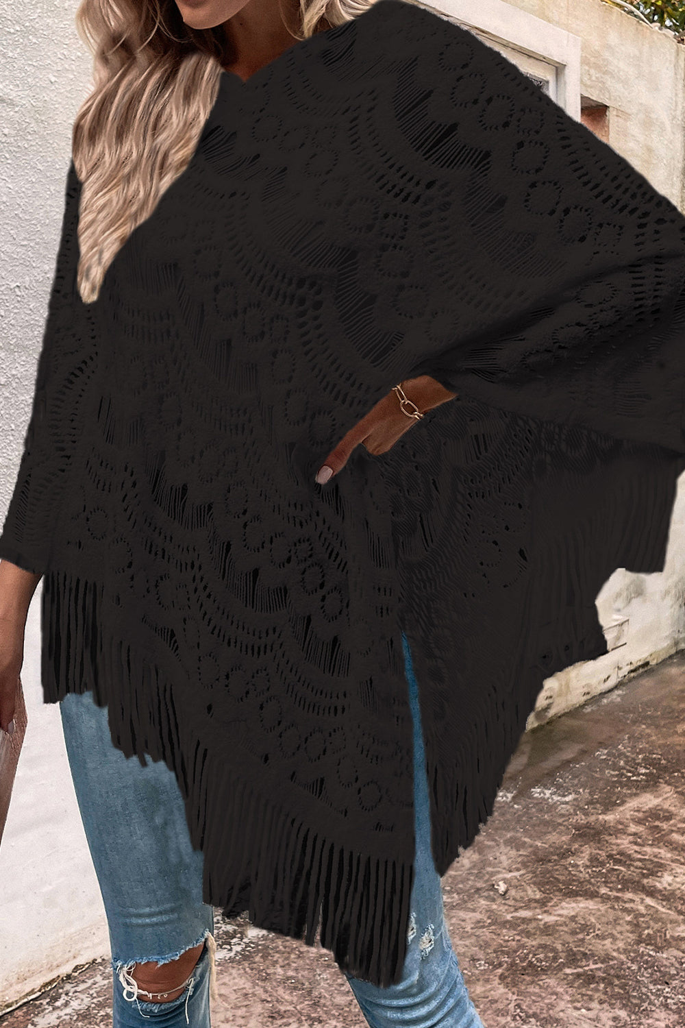 Openwork Fringe Detail Poncho