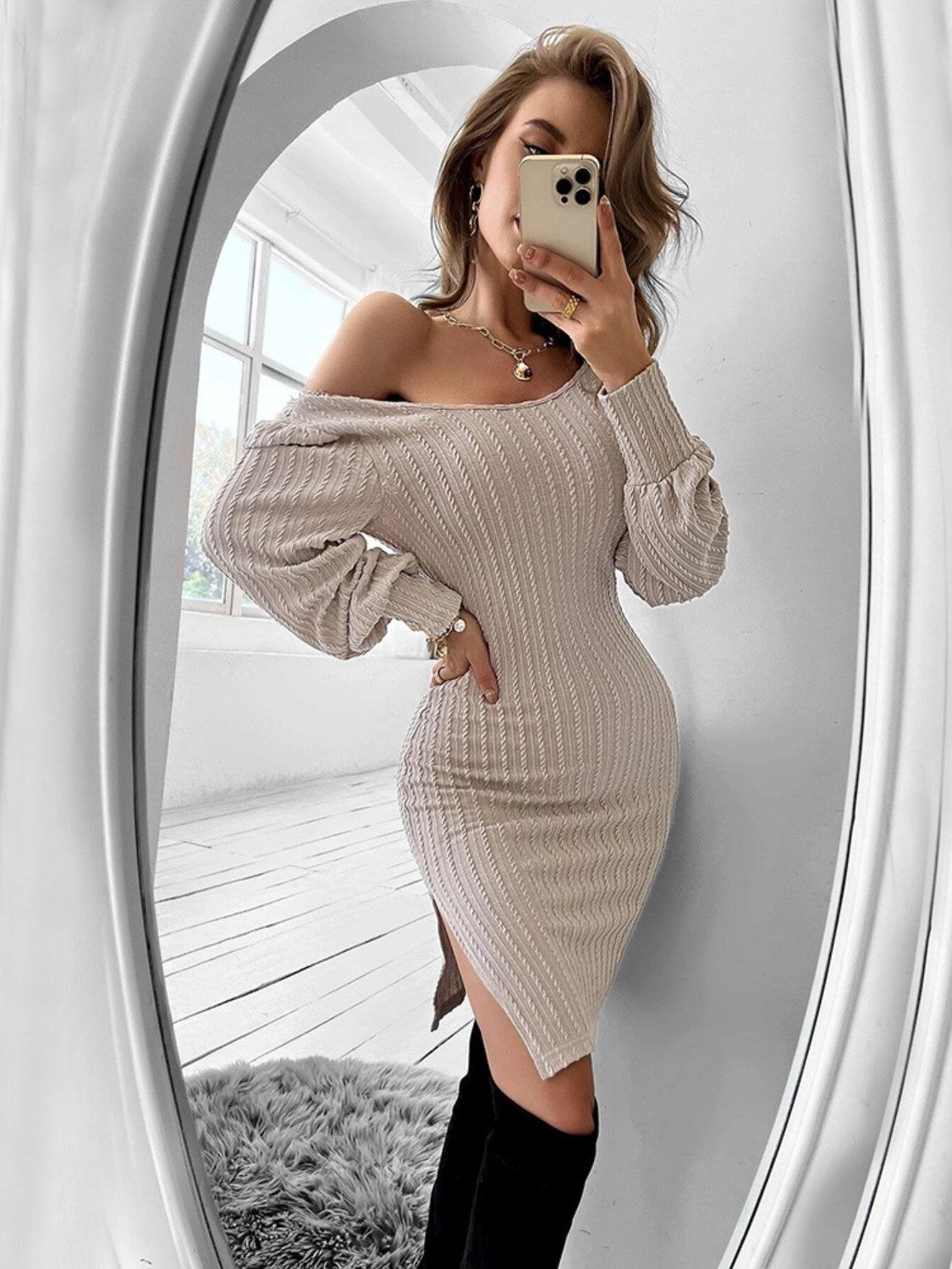 Slit Balloon Sleeve Mini Dress