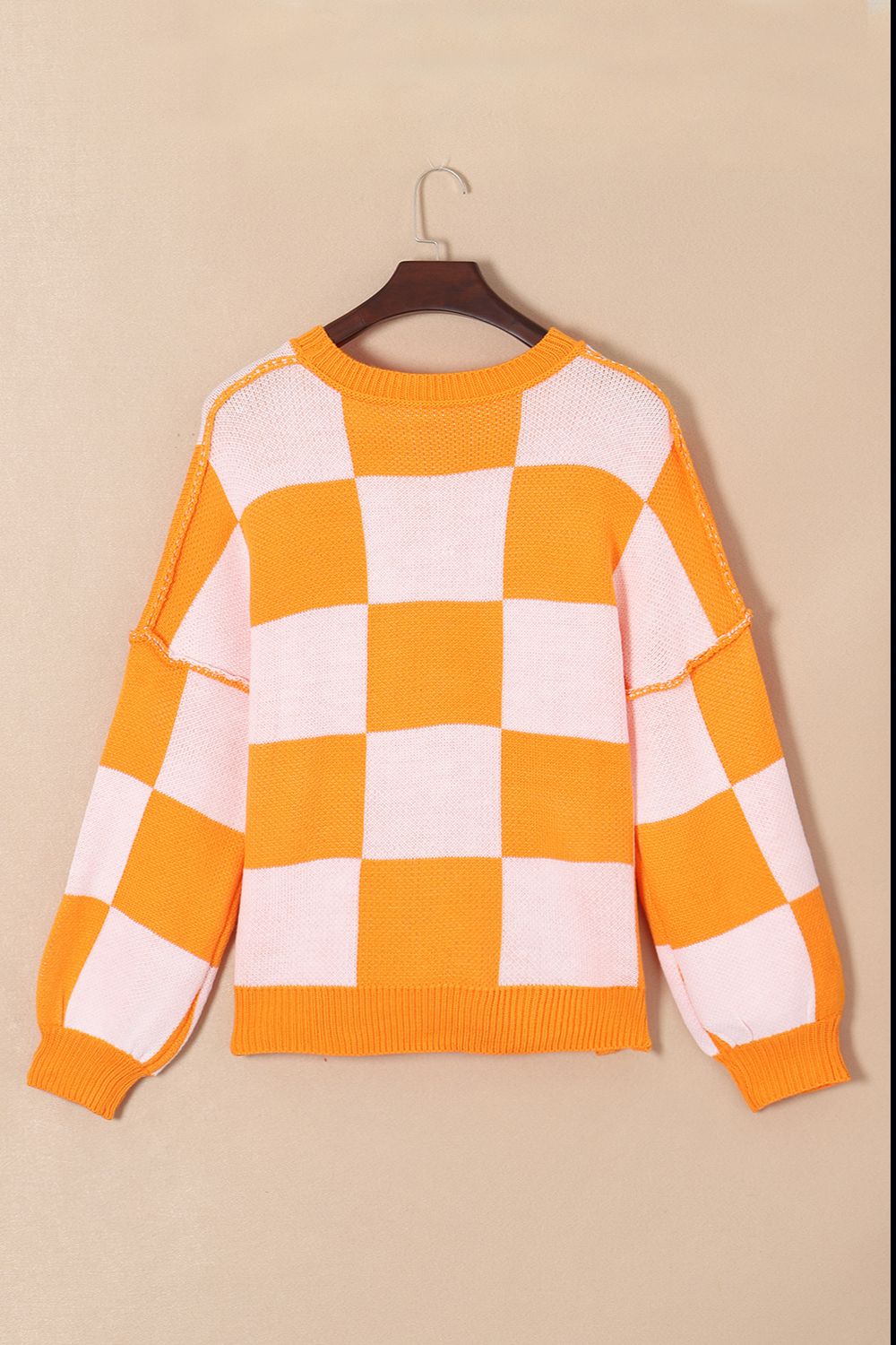 Checkered Exposed Seam Drooped Shoulder Sweater