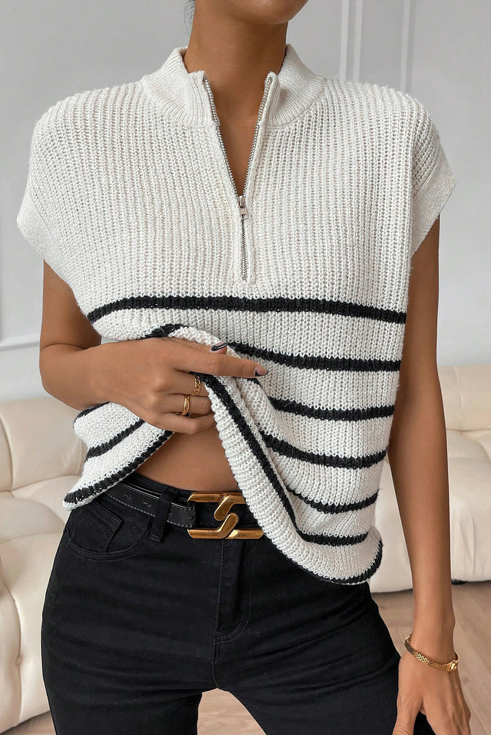 Striped Mock Neck Half Zip Sweater Vest