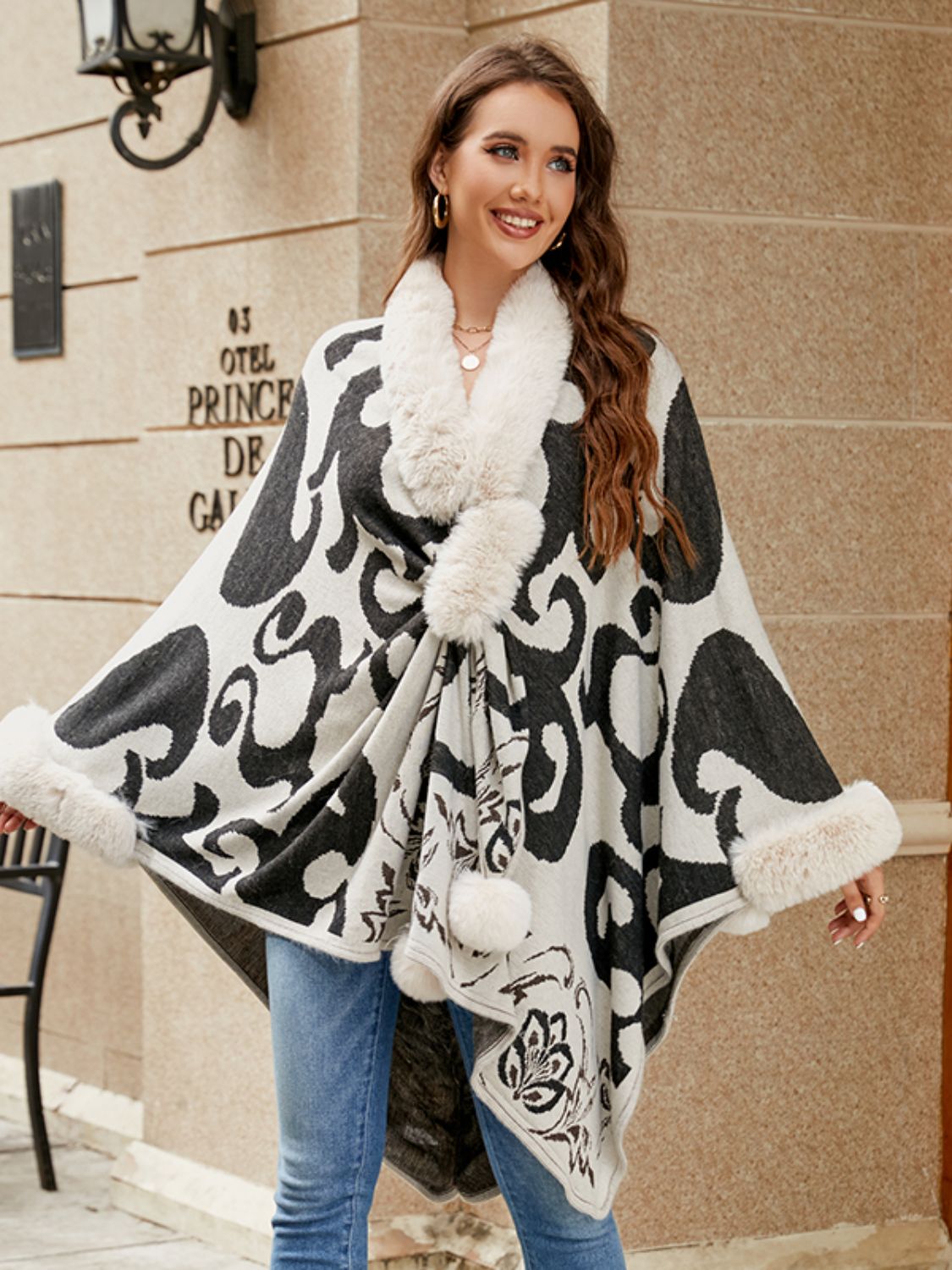 Faux Fur Trim Poncho