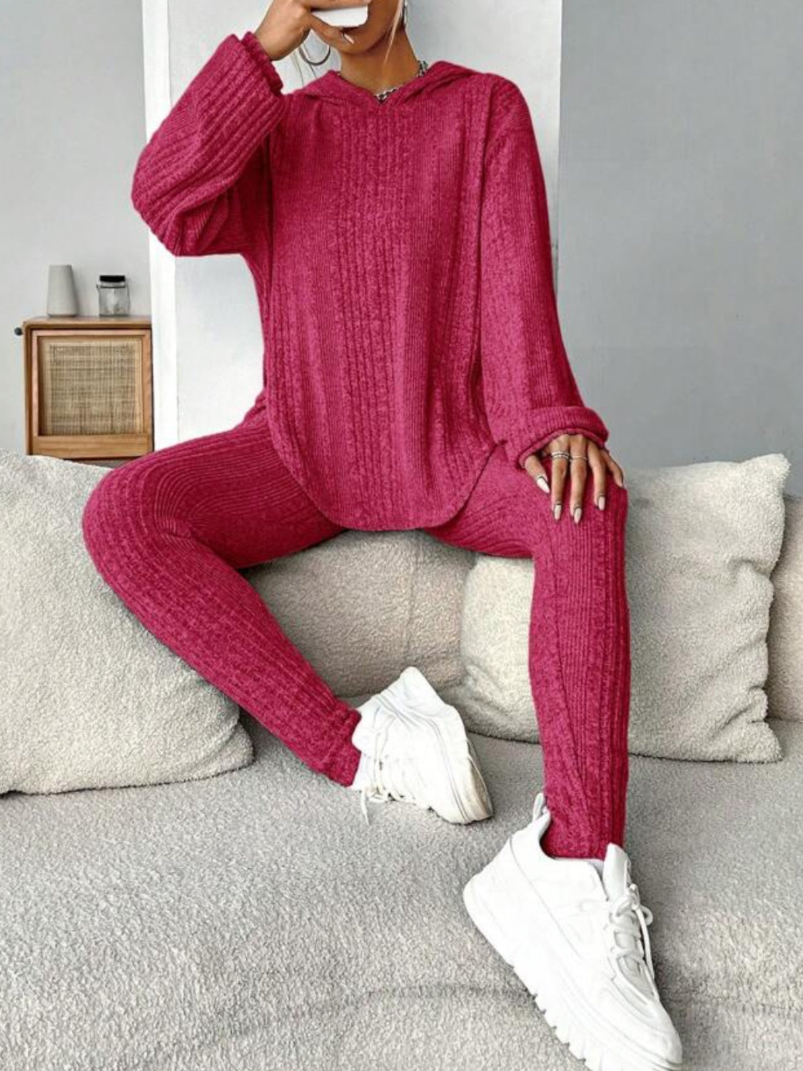 Round Neck Dropped Shoulder Hoodie and Pants Set