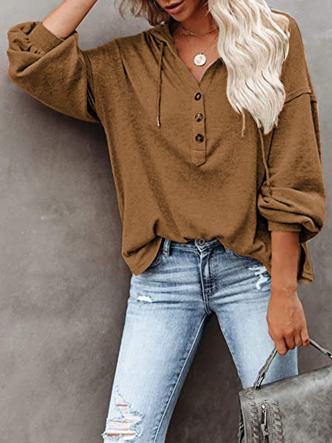 Buttoned Drop Shoulder Hoodie