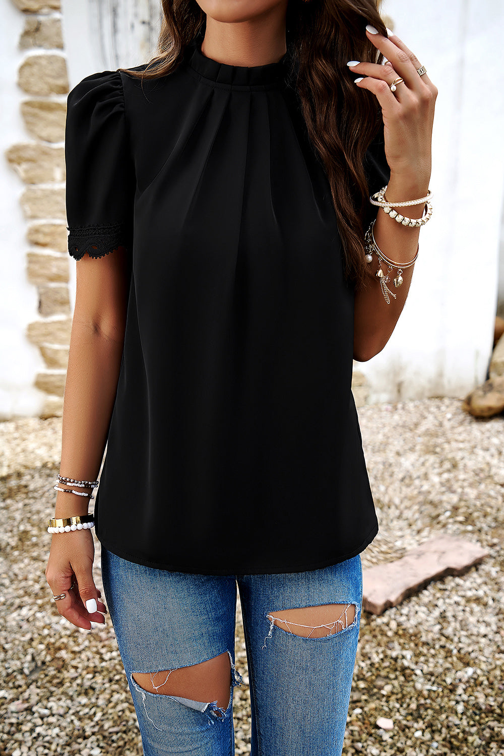 Ruched Mock Neck Short Sleeve Blouse